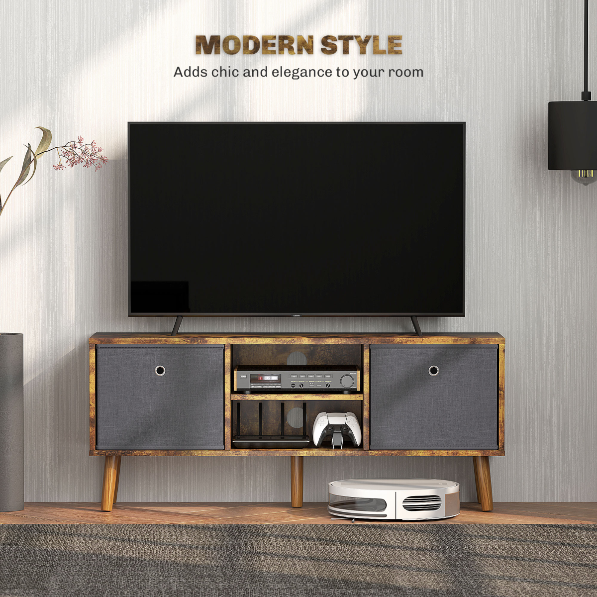 HOMCOM TV cabinet in warm wood with removable fabric drawers, TV on top and central media shelf for bedroom.
