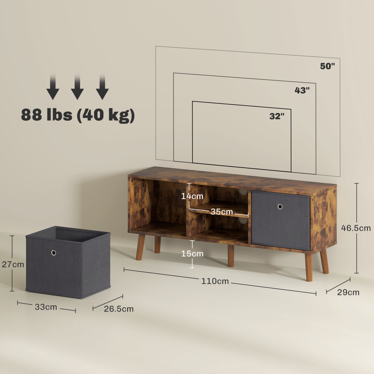 HOMCOM wooden TV cabinet with removable fabric drawers, open shelf, and grey fabric bin for media storage.