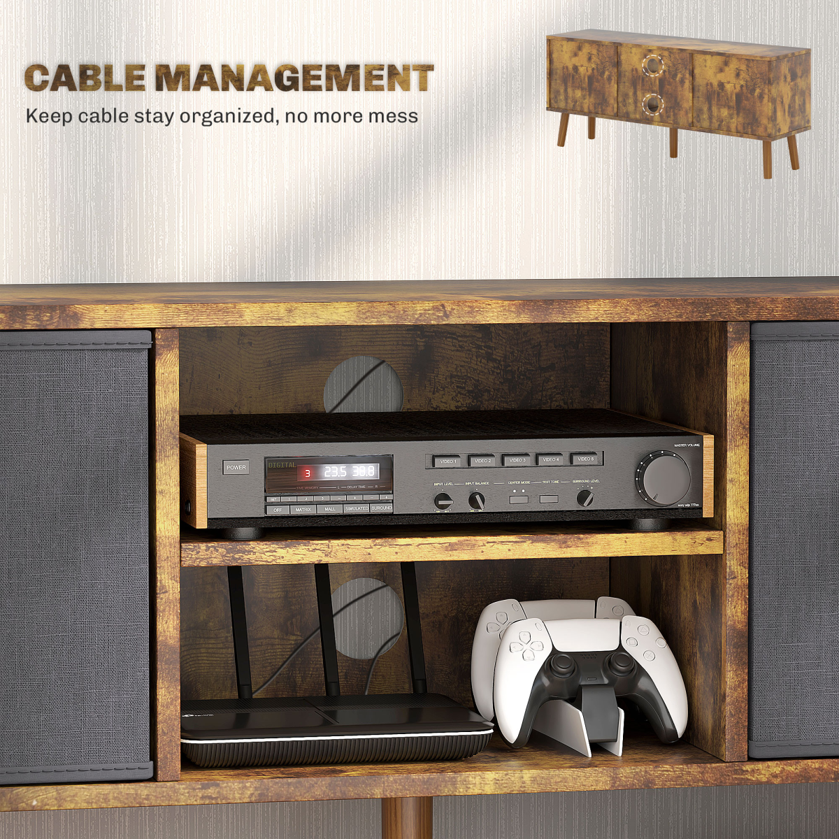 HOMCOM TV cabinet in warm wood with removable fabric drawers; top for TV, stores AV gear and console.