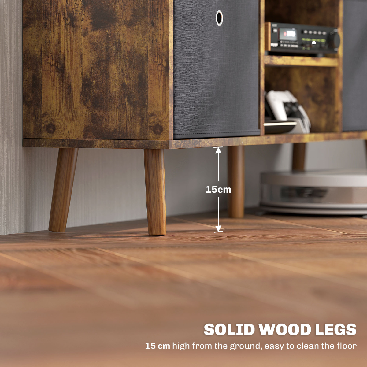 HOMCOM TV cabinet in warm wood, removable fabric drawers, flat top for TV, supported by solid wood legs.