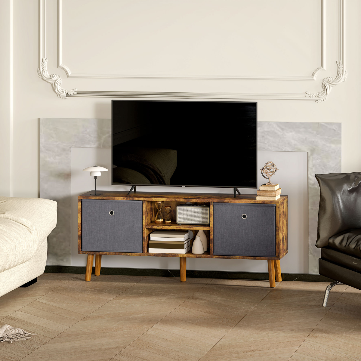 HOMCOM wooden TV cabinet with removable grey fabric drawers and open shelves, TV on top.
