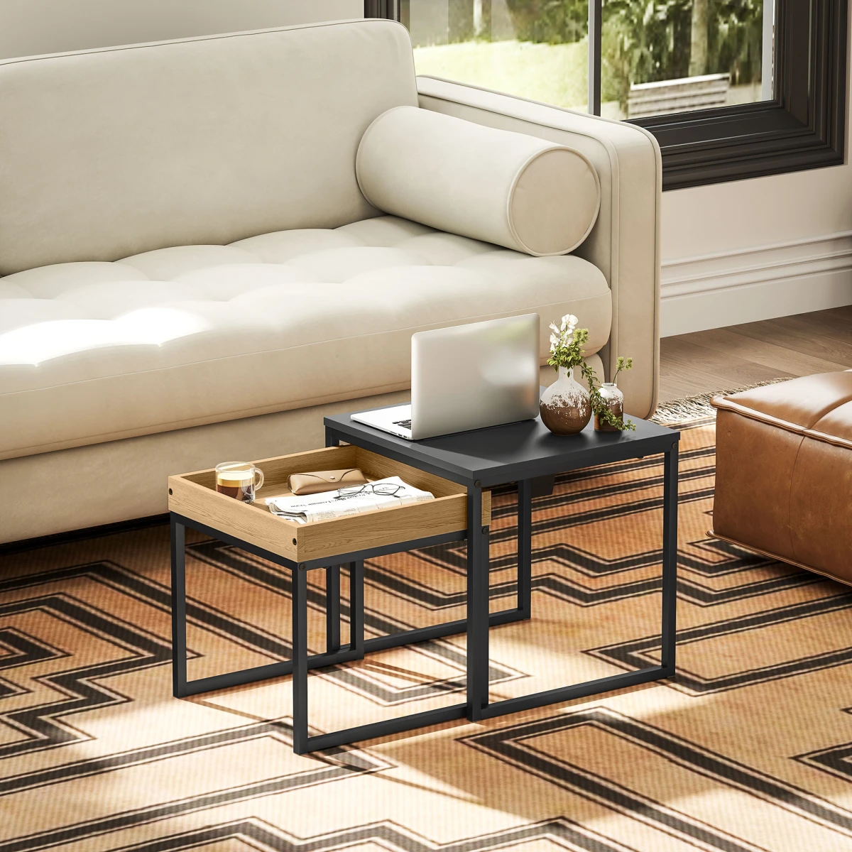 HOMCOM Nesting Coffee Tables Set Compact Square White And Wood For Small Space Living by HOMCOM