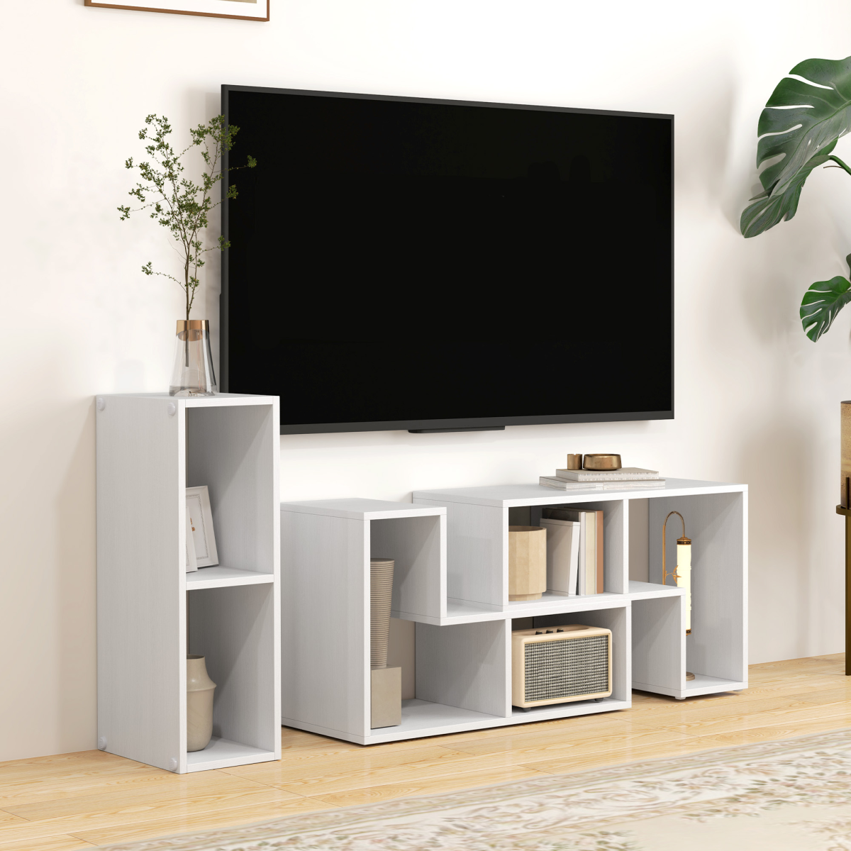 HOMCOM extendable TV unit 134-180cm with open shelves in white, modular storage.