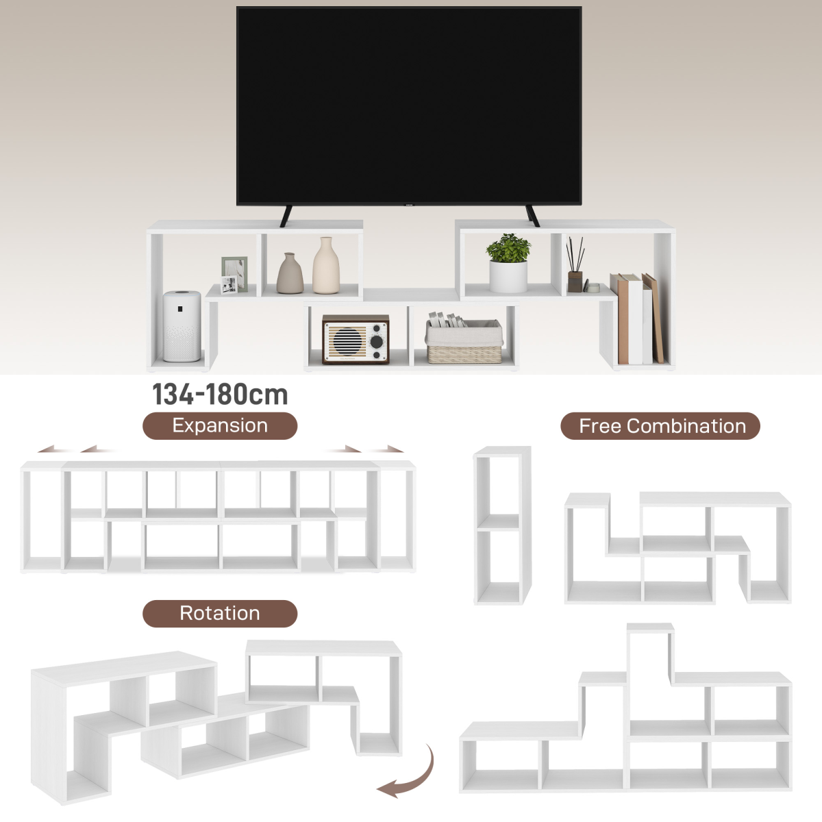 HOMCOM extendable TV unit, white, 134-180 cm, with open shelves and modular configurations.