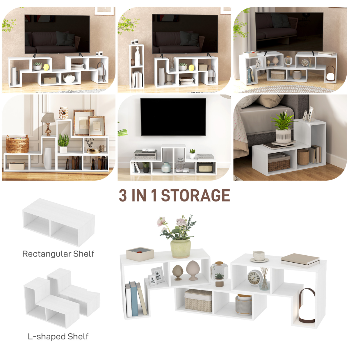 HOMCOM extendable TV unit 134-180cm with open white shelves in a modular living-room storage setup