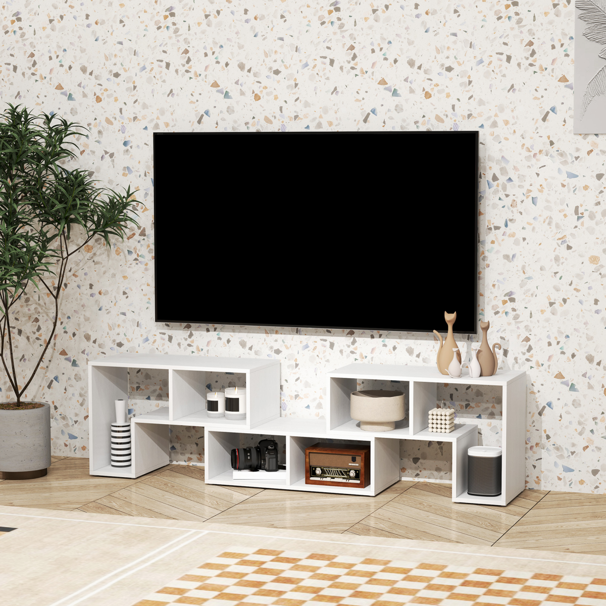 HOMCOM extendable white TV unit with open shelves; expands from 134-180cm.