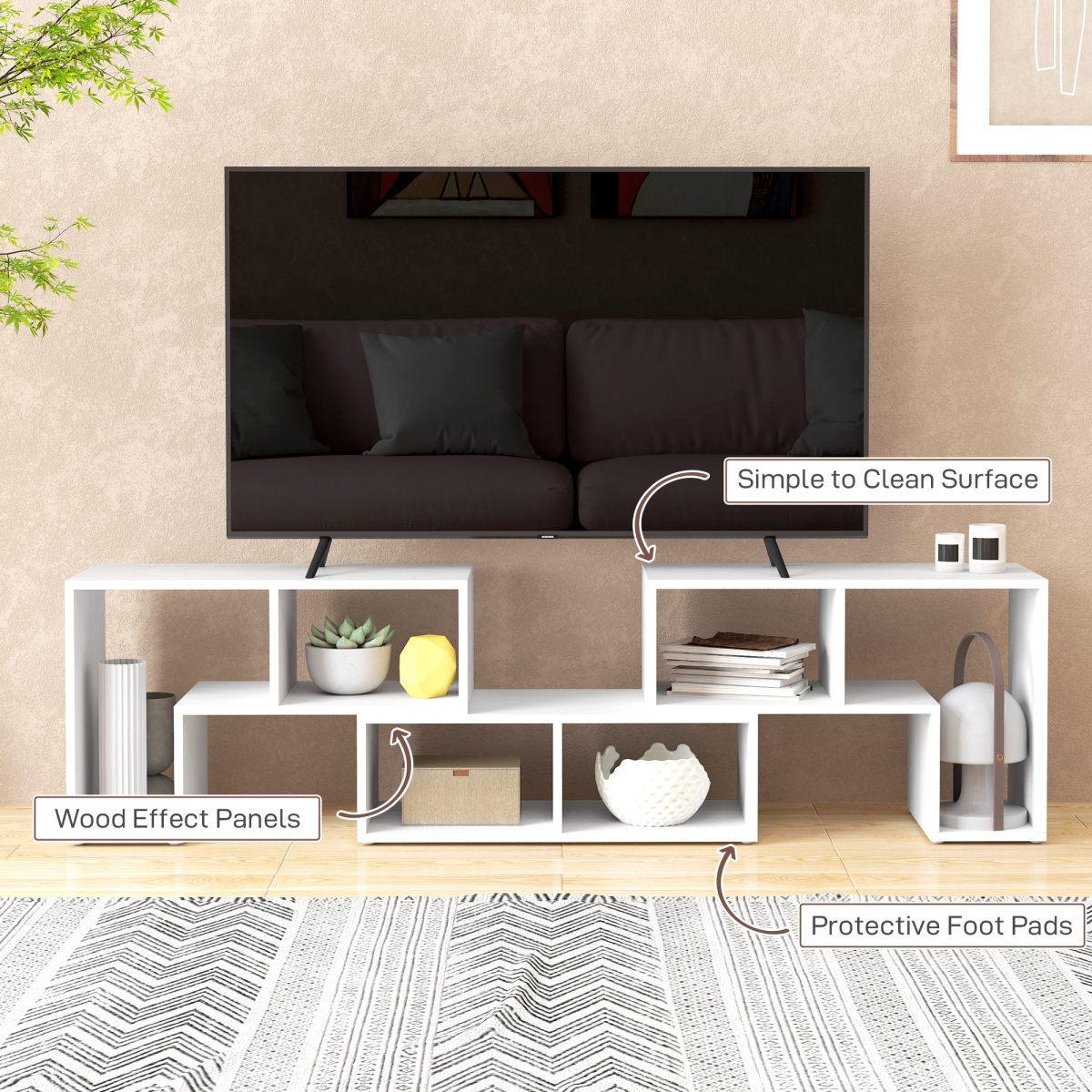 HOMCOM extendable TV unit 134-180cm, white with open shelves and clean surface.