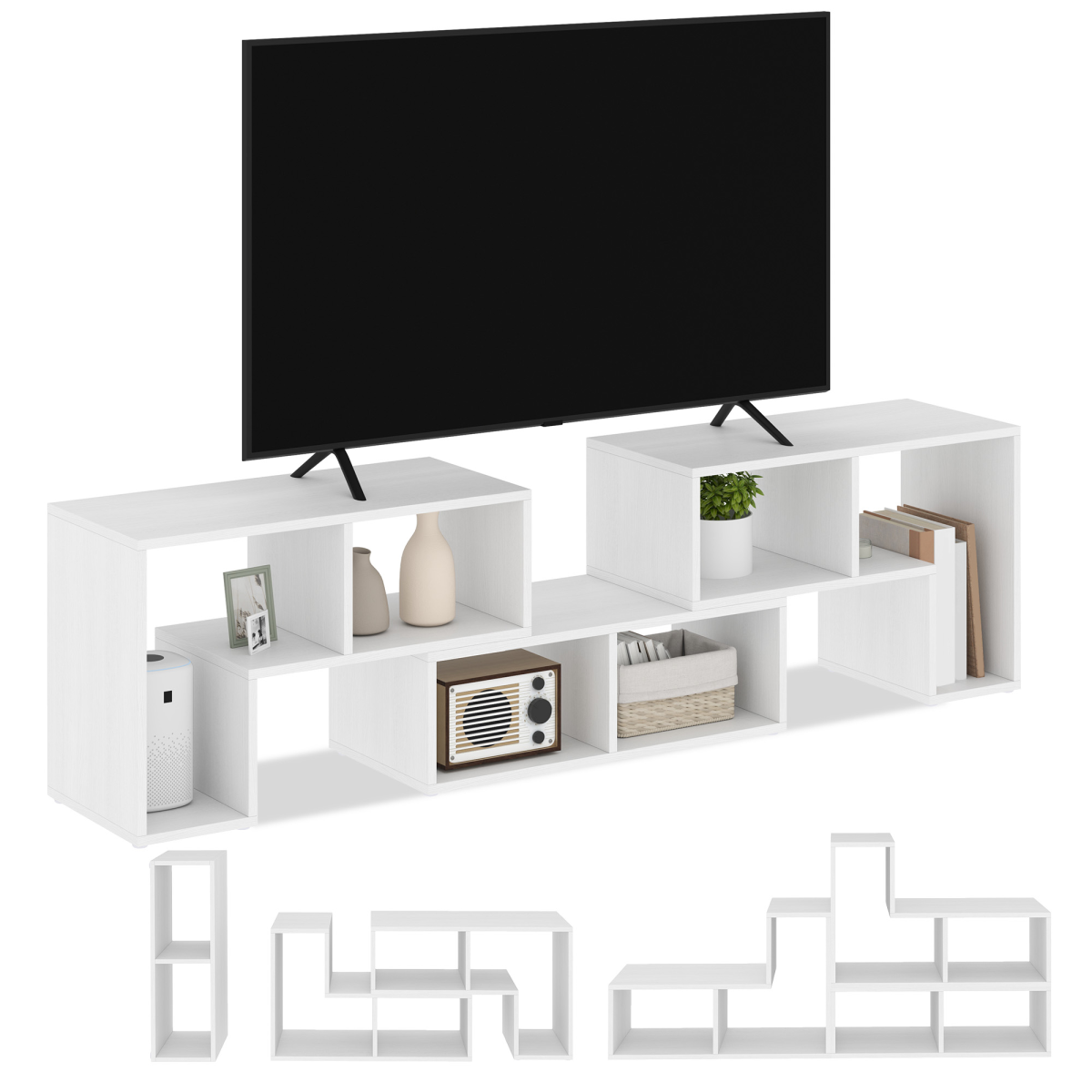 HOMCOM extendable TV unit with open shelves, white, tabletop extends from 134-180 cm.