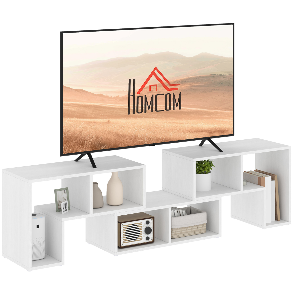 Extendable HOMCOM TV unit, 134-180cm, with open shelves in a white finish, TV on top.