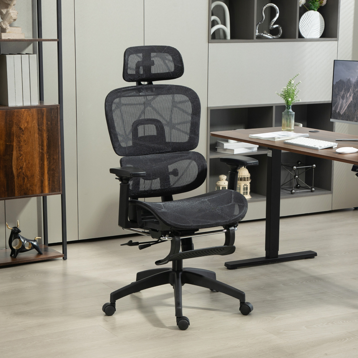Homcom Ergonomic Office Chair Adjustable 3D Armrests Home with mesh back and headrest at a home desk.
