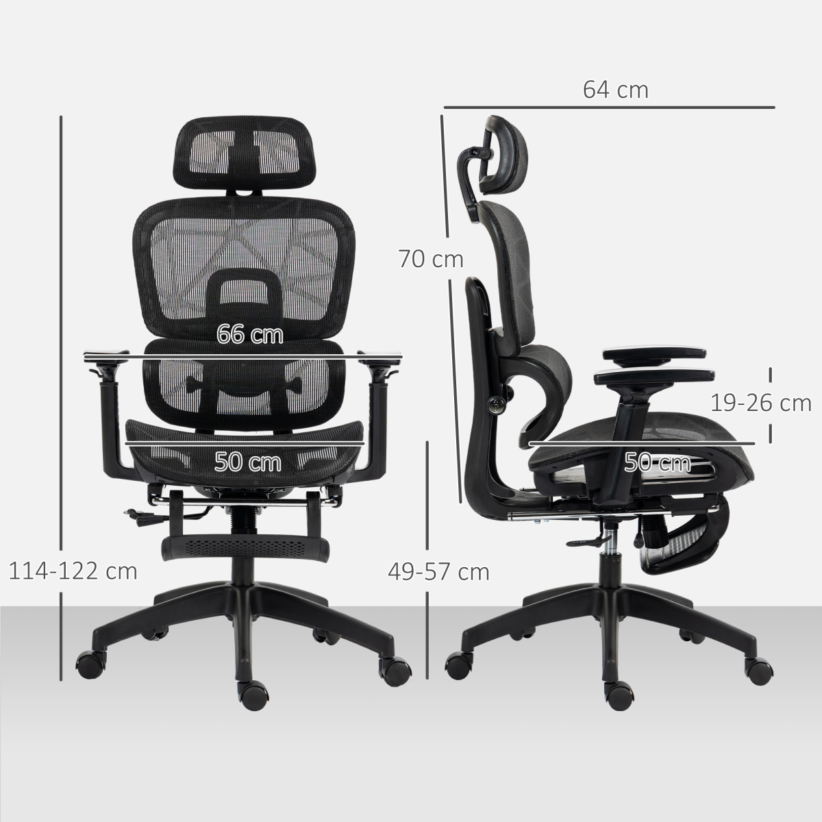 Homcom Ergonomic Office Chair Adjustable 3D Armrests Home - front and side views with height 114-122 cm