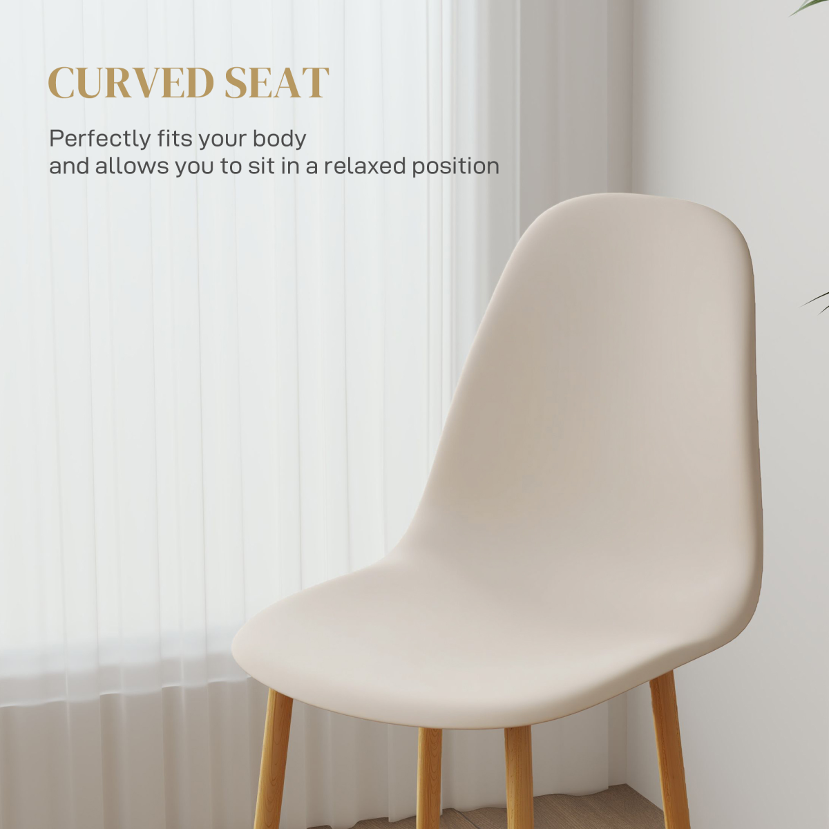 Cream curved-seat dining chair with natural wood legs in bright room.