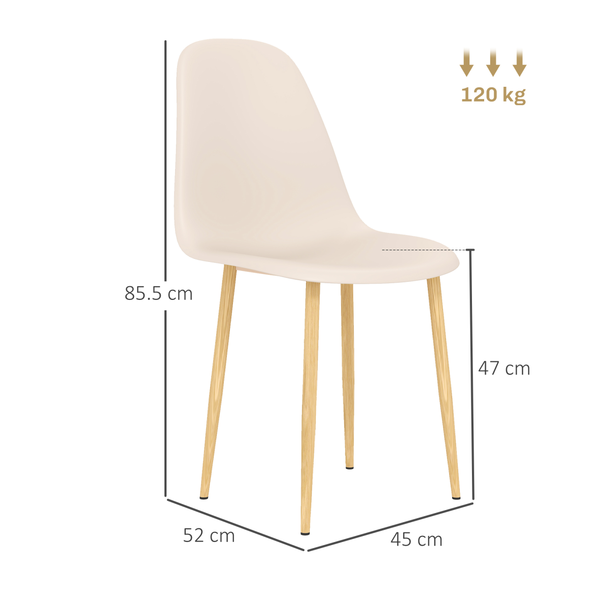 Modern dining chair with cream curved seat and natural wooden legs, 85.5 cm tall.