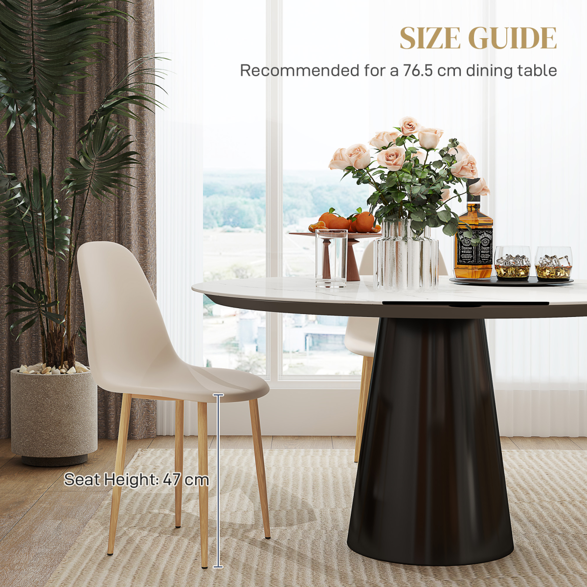 Modern dining chairs set with natural wooden legs around a round table in a bright dining room.