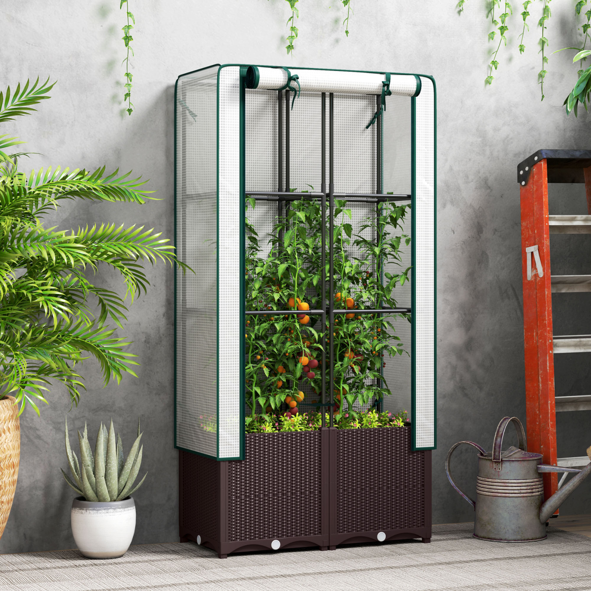 Outsunny Plastic Planter with Trellis, 80x40x140 cm - tall freestanding garden unit with built-in trellis and cover.