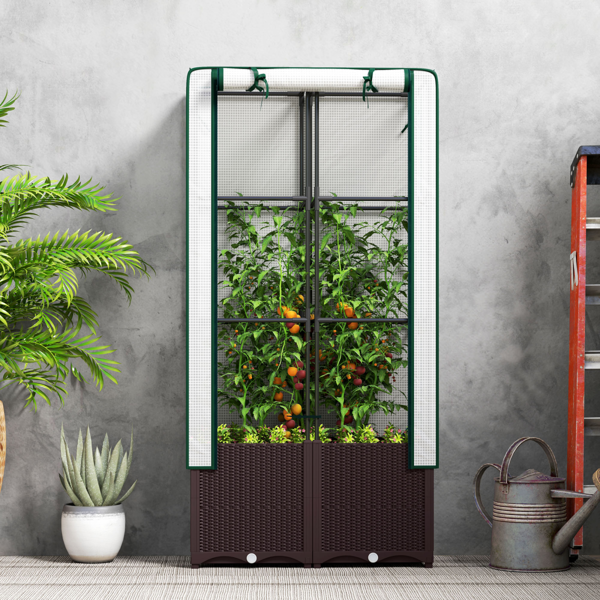 Outsunny plastic planter with trellis, 80x40x140 cm, tall freestanding garden unit with protective cover.