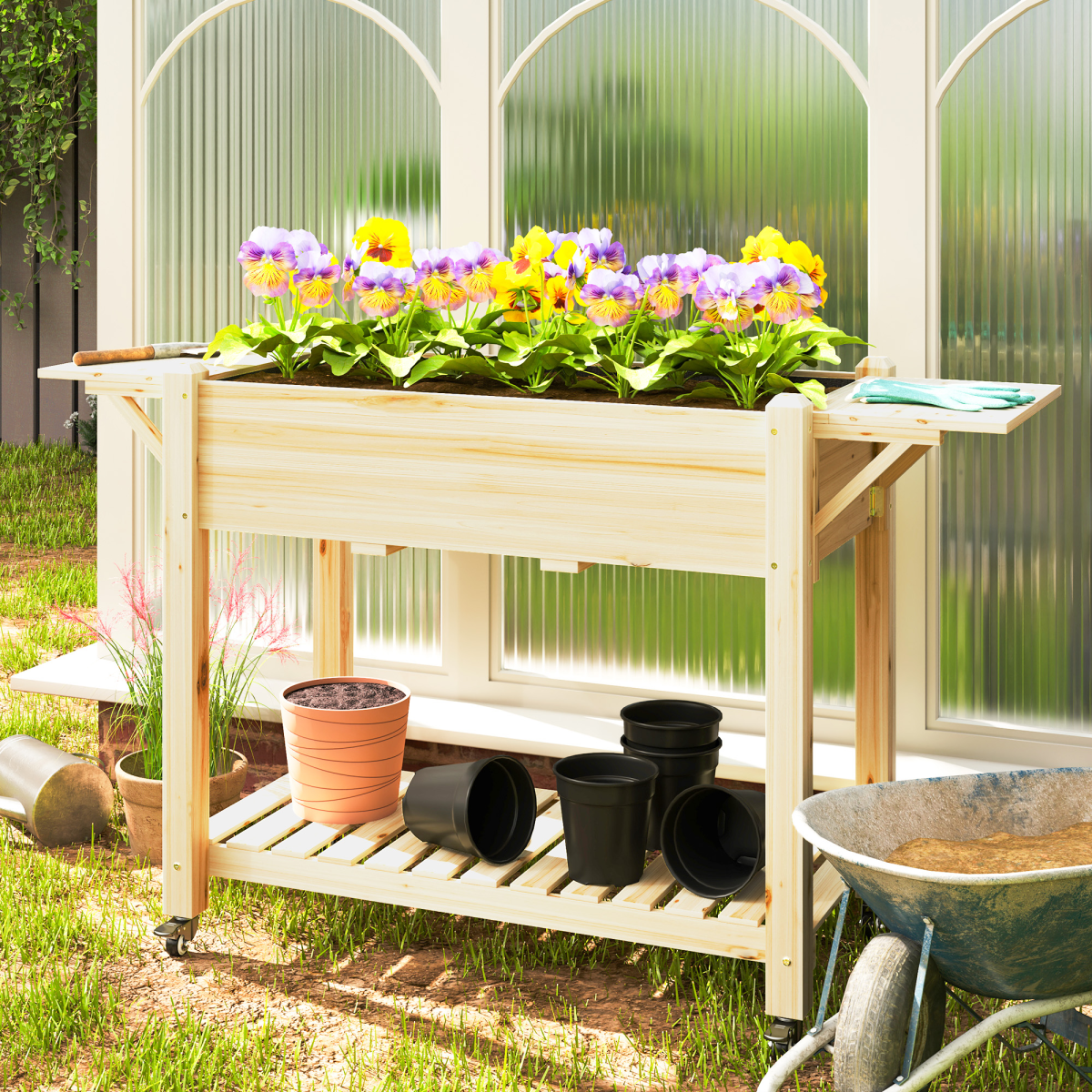 Outsunny wooden raised planter on lockable wheels with foldable side tables and lower shelf, filled with pansies.