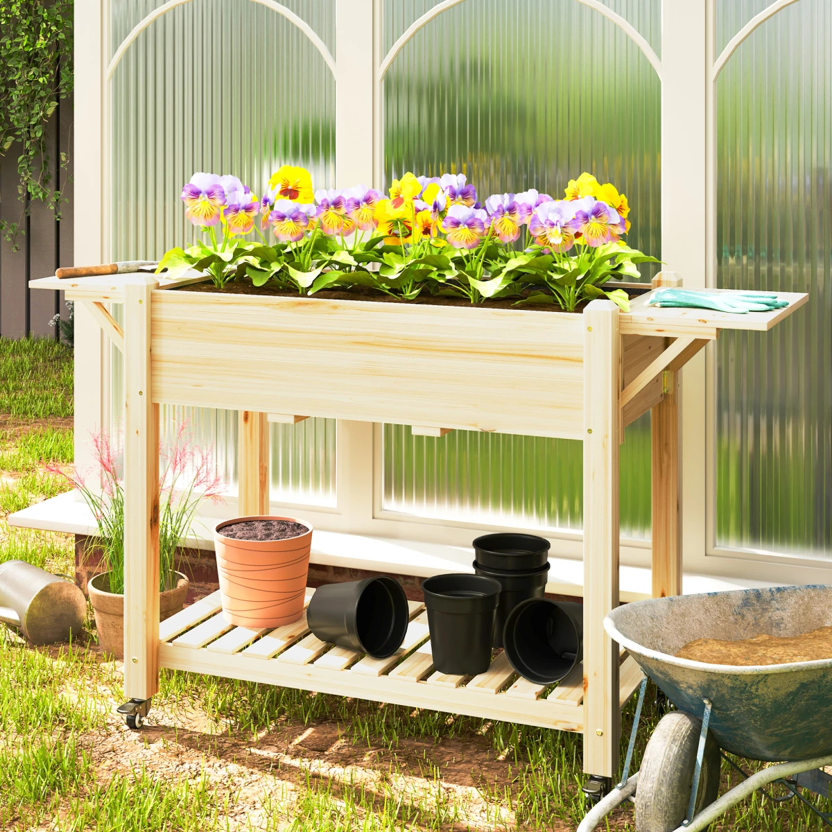 Outsunny Outsunny Wooden Raised Planter With Lockable Wheels Liner - Planters