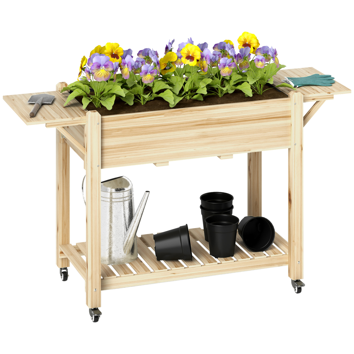 Outsunny wooden raised planter on a lockable-wheel cart with foldable side tables and shelf, filled with flowers.