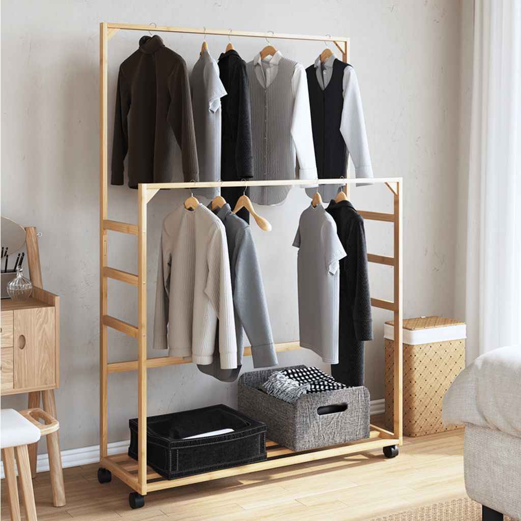 VidaXL Clothes Rack 90x35x155 cm Bamboo Construction With Shelves And Wheels For Small Spaces - vidaXL - Home Symphony