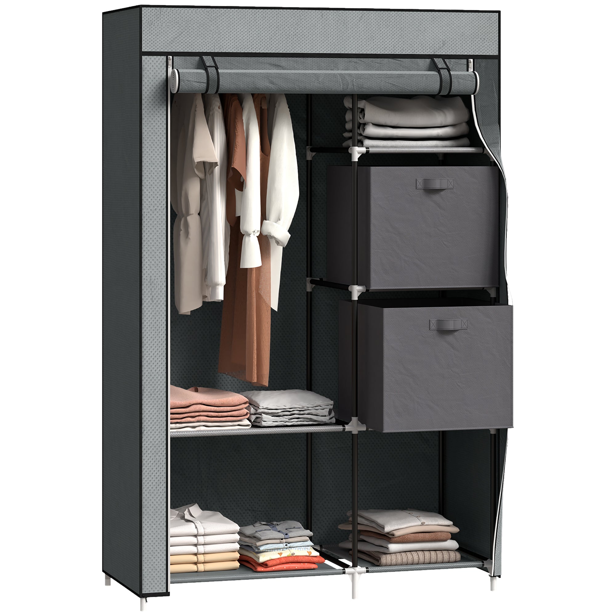 Homcom Fabric Wardrobe Compact With 2 Drawers For Dorms: fabric wardrobe with hanging rod, shelves, and two drawers.