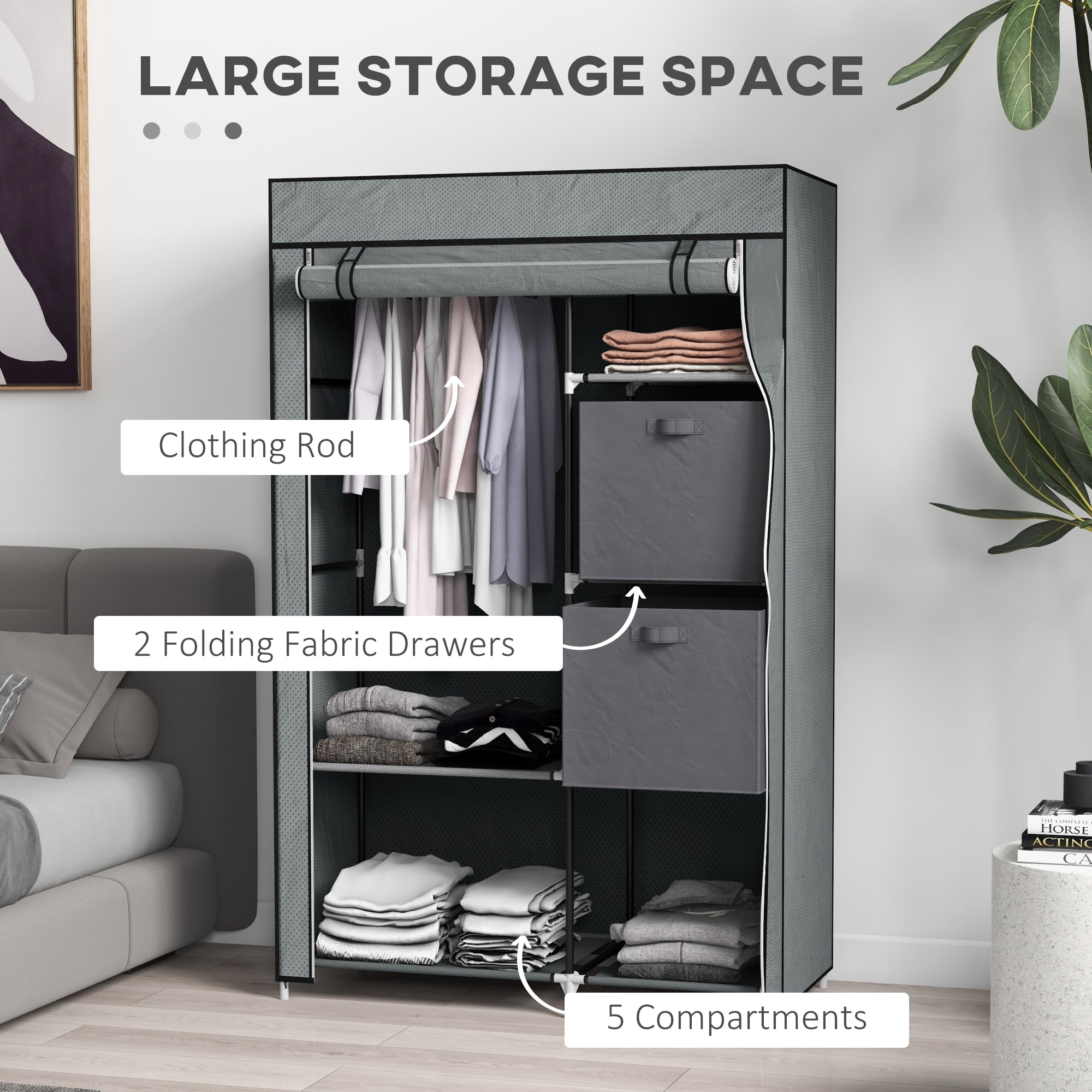 Homcom Fabric Wardrobe Compact With 2 Drawers For Dorms: fabric wardrobe with hanging rod and 5 compartments