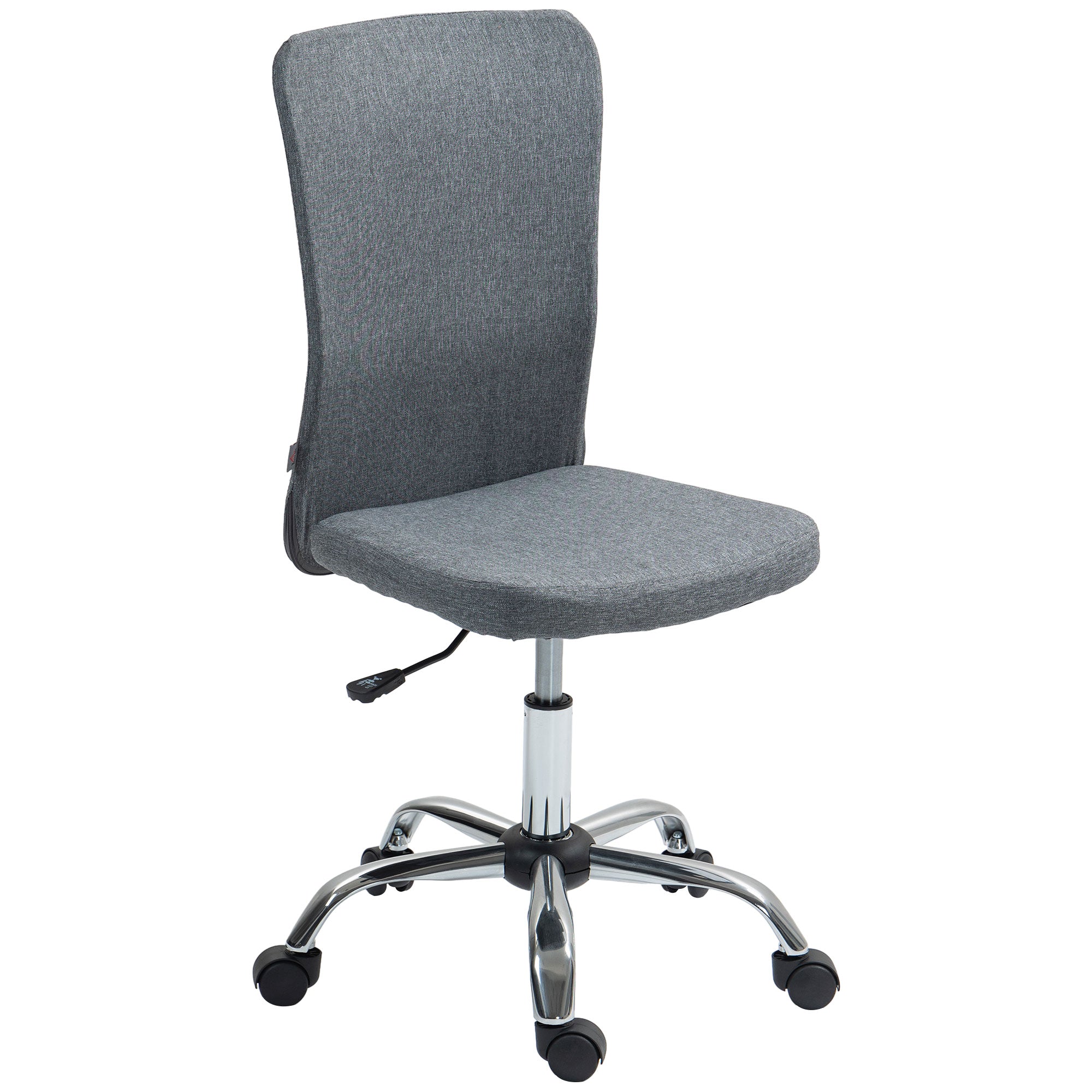 HOMCOM Armless Desk Chair Gas Lift Adjustable For Vanity with grey linen-feel fabric, chrome base, five casters.