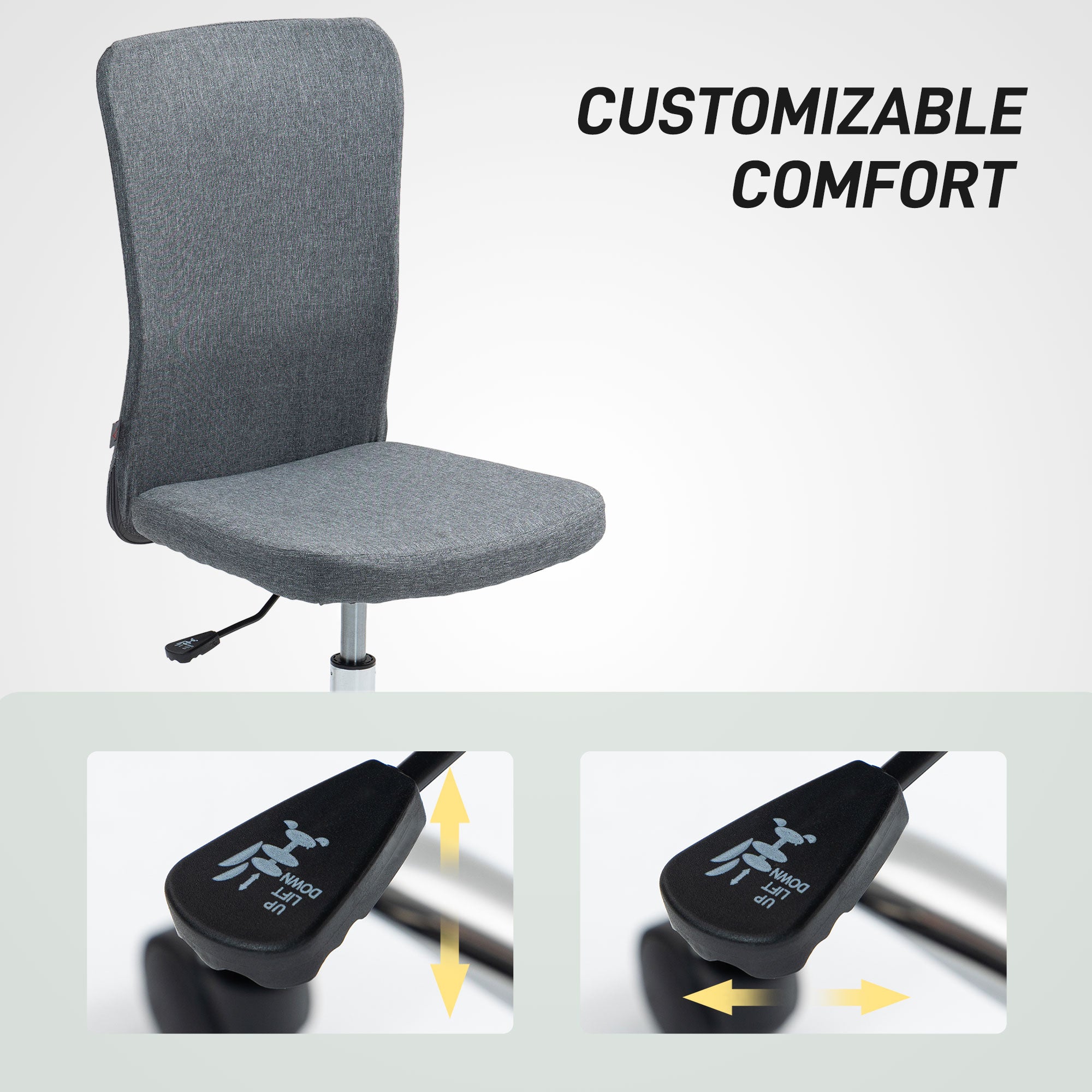 HOMCOM Armless Desk Chair Gas Lift Adjustable For Vanity with grey linen fabric and height adjust.