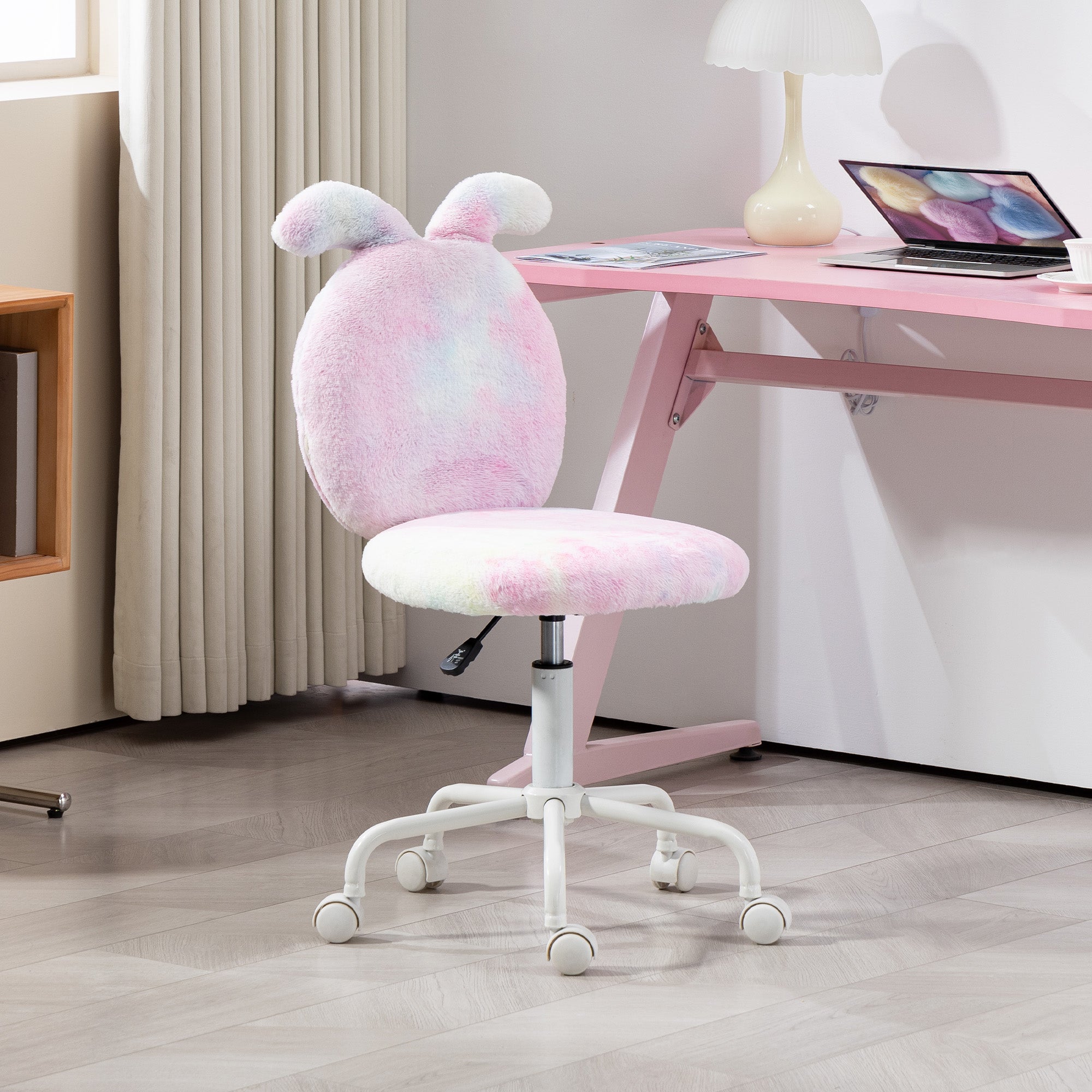 HOMCOM Armless Desk Chair 43 To 51 Cm 360 Swivel Vanity in plush pink fur with bunny ears backrest.
