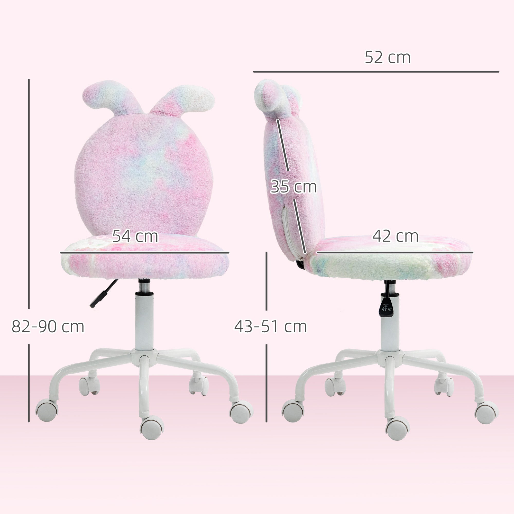 HOMCOM Armless Desk Chair 43 To 51 Cm 360 Swivel Vanity with pastel plush bunny ears backrest and faux fur.