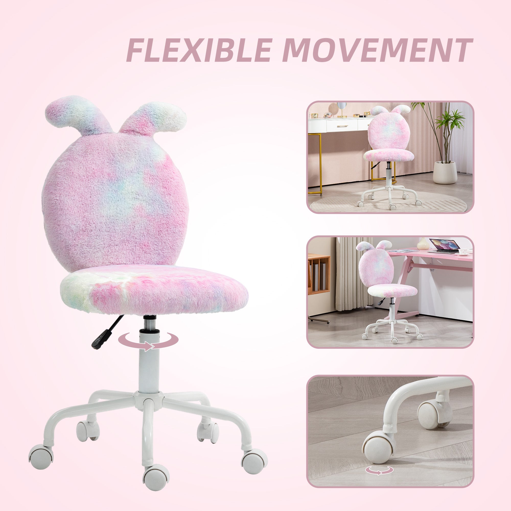 HOMCOM Armless Desk Chair 43 To 51 Cm 360 Swivel Vanity with bunny ears backrest in pink faux fur.