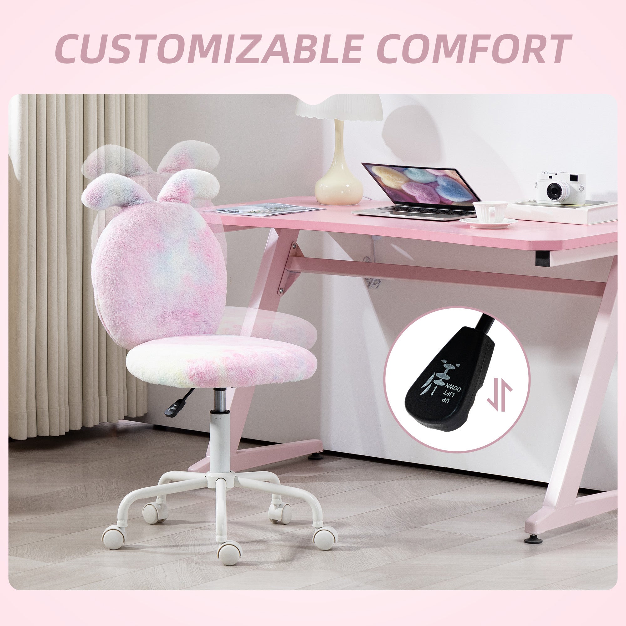 HOMCOM Armless Desk Chair 43 To 51 Cm 360 Swivel Vanity in pink plush bunny-ear backrest for desk or vanity