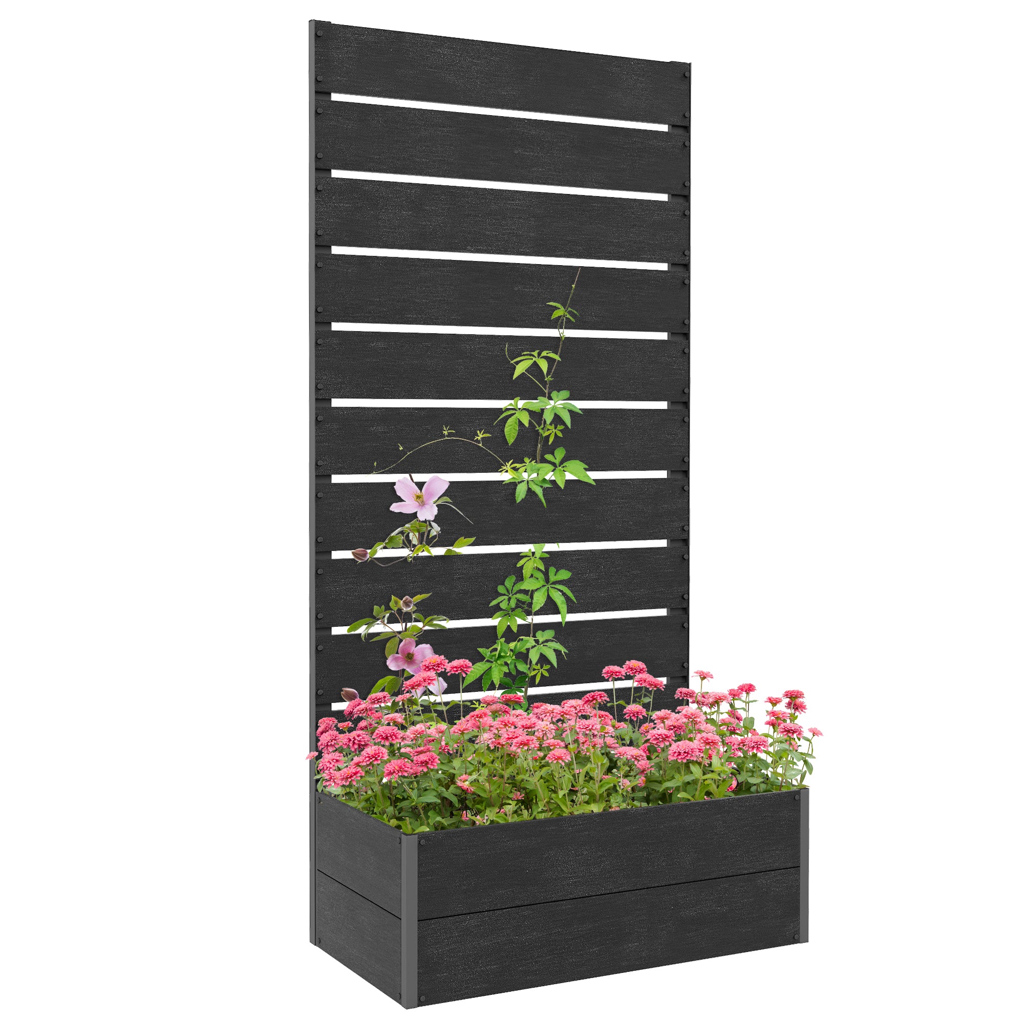 Outsunny black raised garden bed trellis planter box with back trellis, filled with pink flowers.