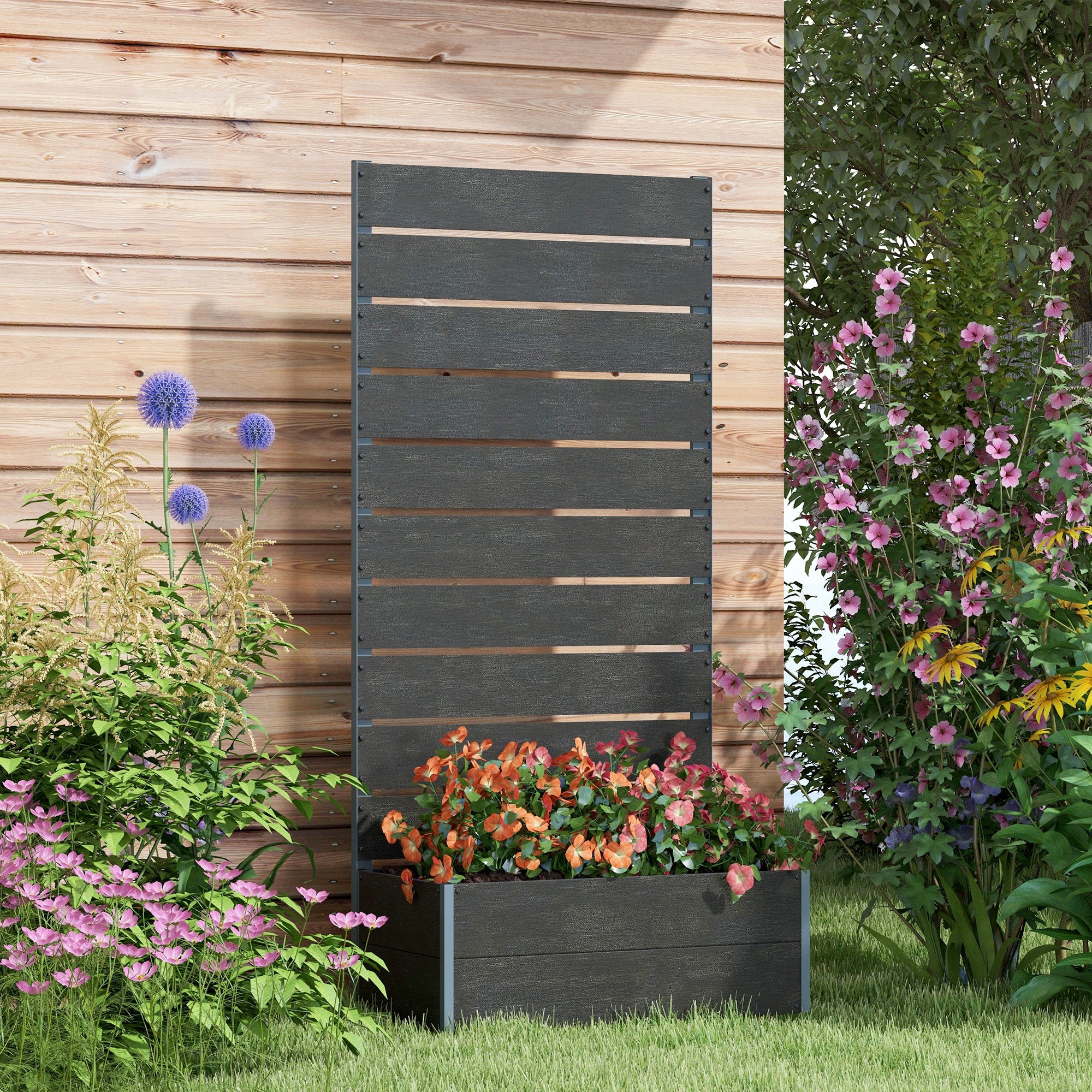 Outsunny black raised garden bed trellis planter box with elevated growing space and back trellis.