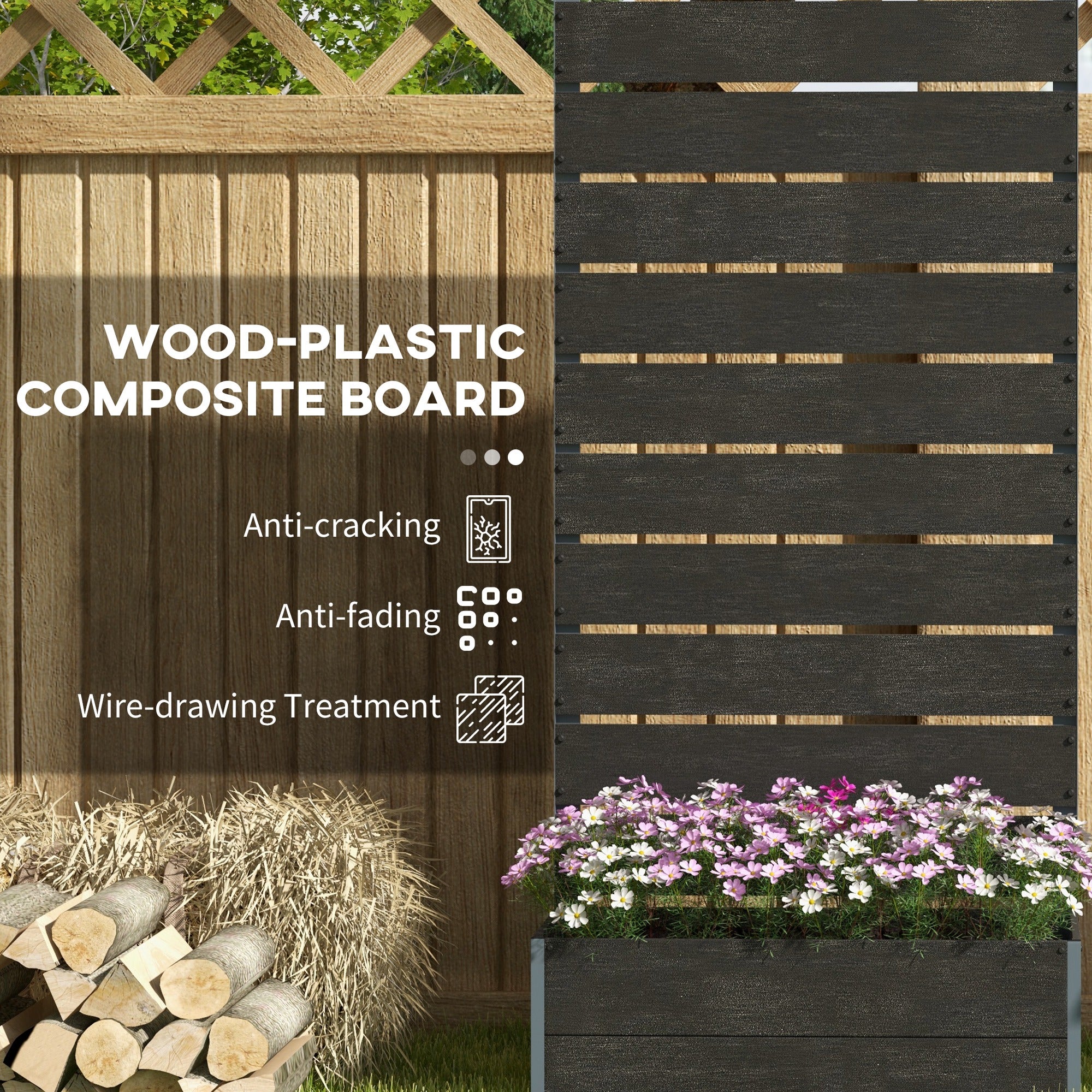 Outsunny black raised garden bed planter with back trellis, elevated soil box, wood-plastic composite board design.