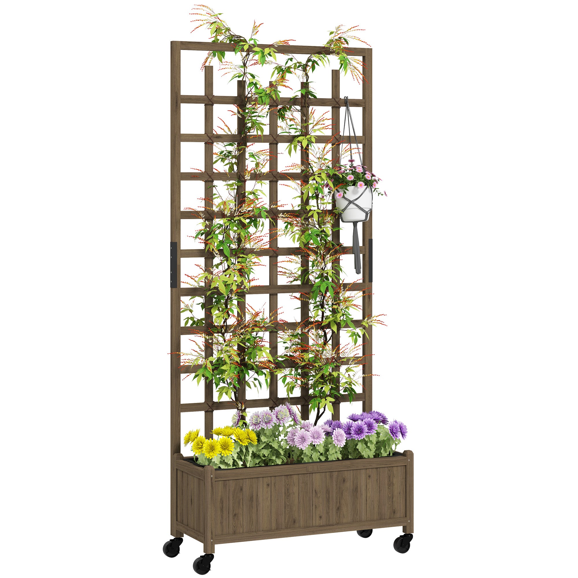 Outsunny Wood Trellis Planter on Wheels: tall fir frame with lattice for climbers, mobile planter box with flowers.