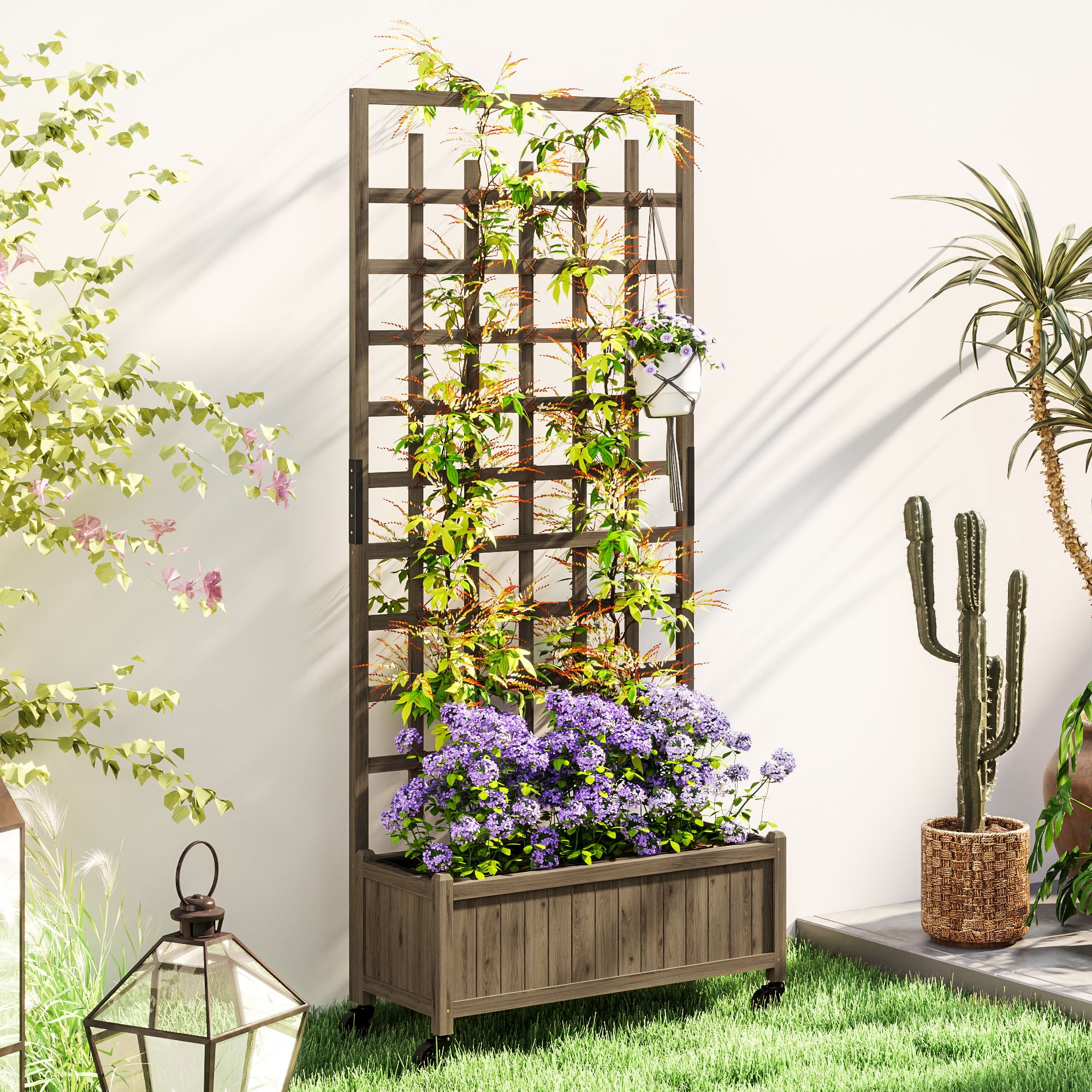 Outsunny tall wooden trellis planter on wheels with climbing vines and purple flowers.