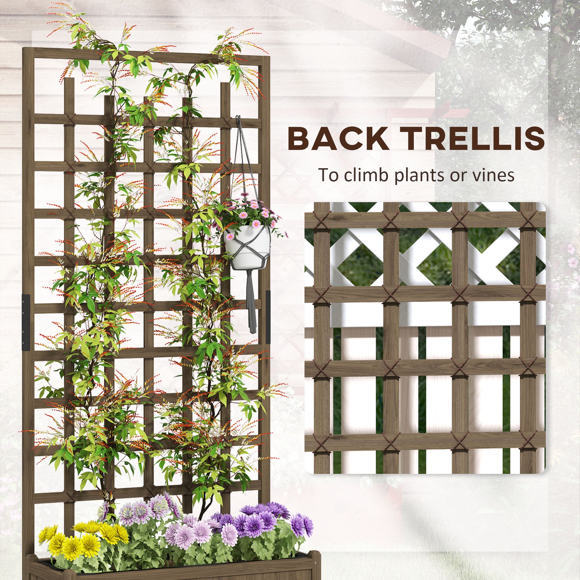 Outsunny wood trellis planter on wheels with climbing vines and a lattice frame.