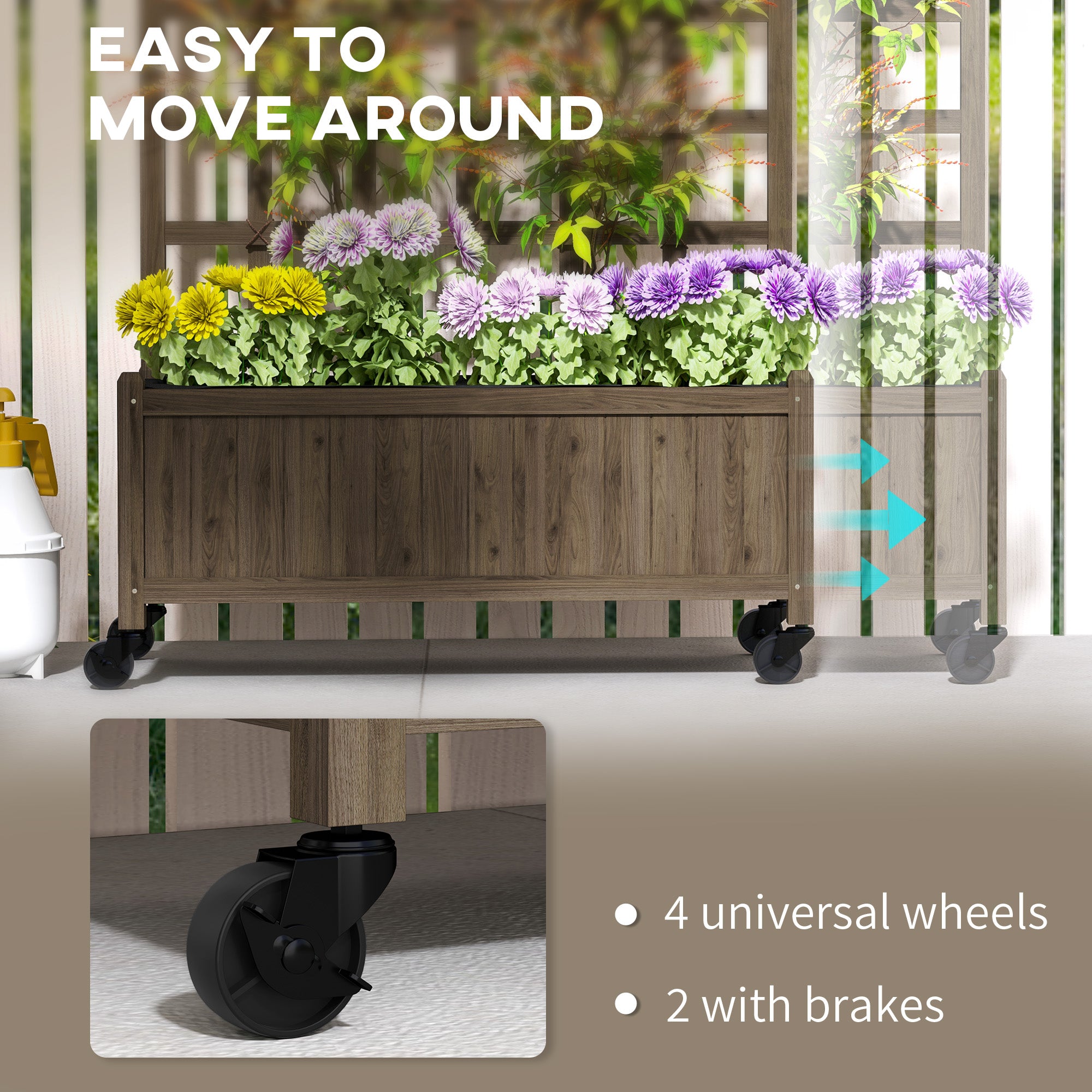 Tall wooden trellis planter on wheels with fir frame, lattice supports climbers, airflow bag, four universal wheels.