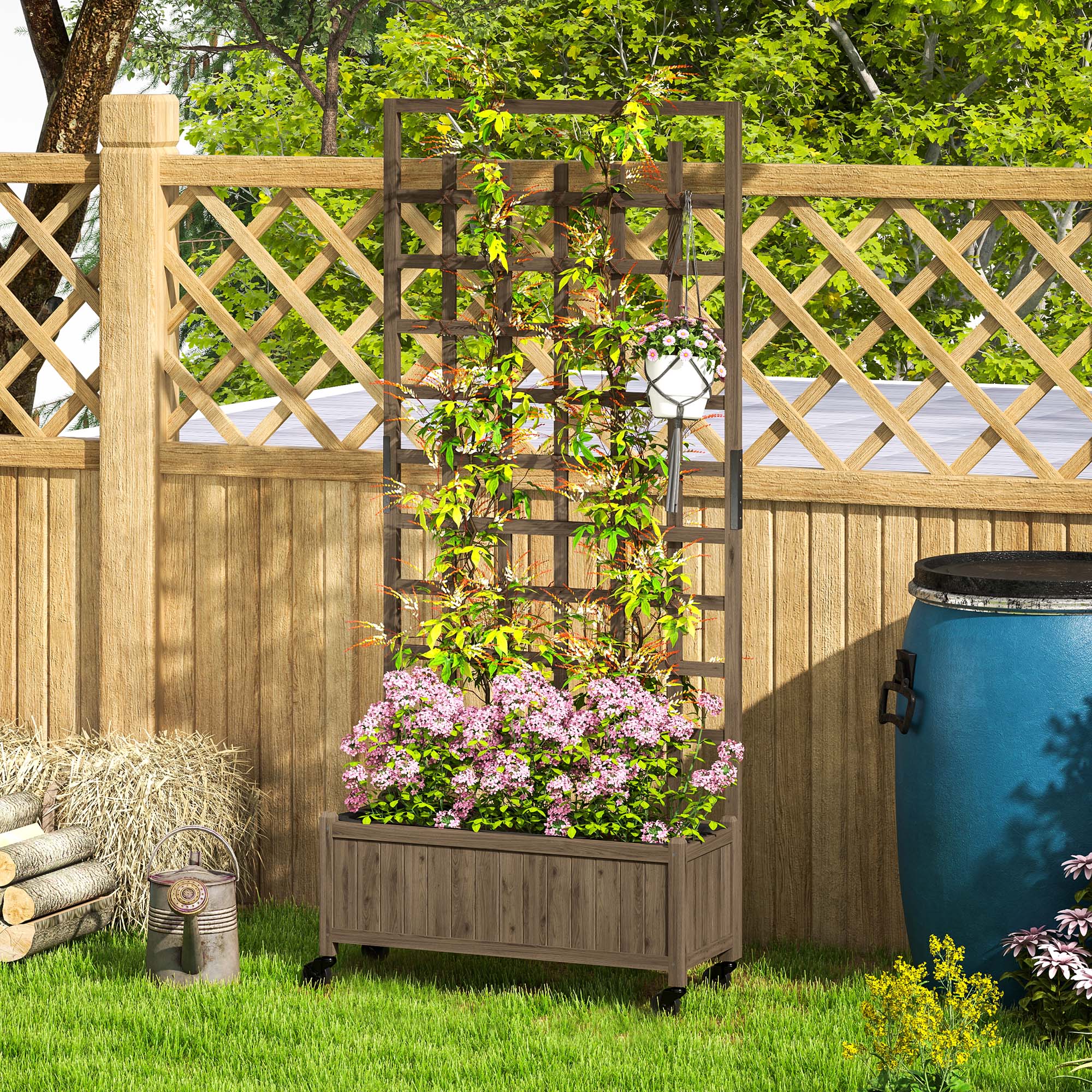 Outsunny freestanding wood trellis planter on wheels with climbing vines and pink blooms