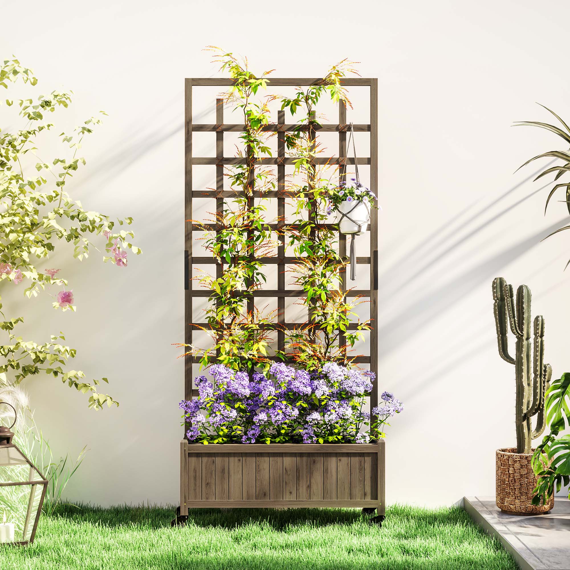 Outsunny Wood Trellis Planter on Wheels with tall lattice, climbing vines, purple flowers in a raised bed.
