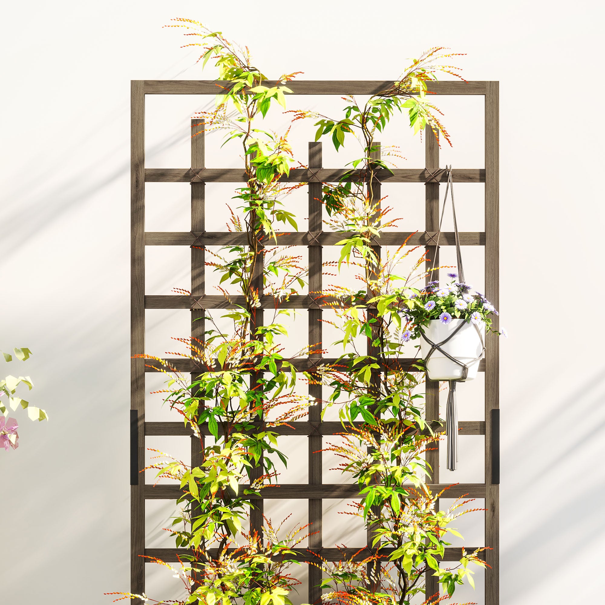 Outsunny wood trellis planter on wheels with climbing vines and a hanging basket.