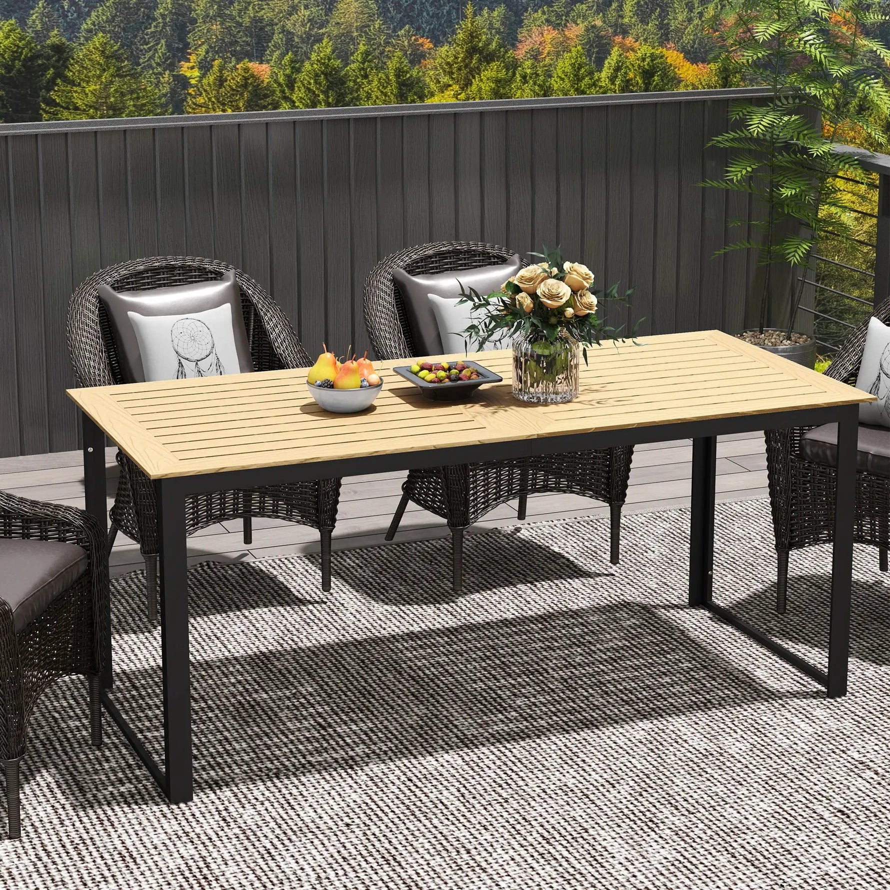 Outsunny Outsunny Garden Dining Table for 6 People with Slatted Table Top Metal Frame - Garden Table