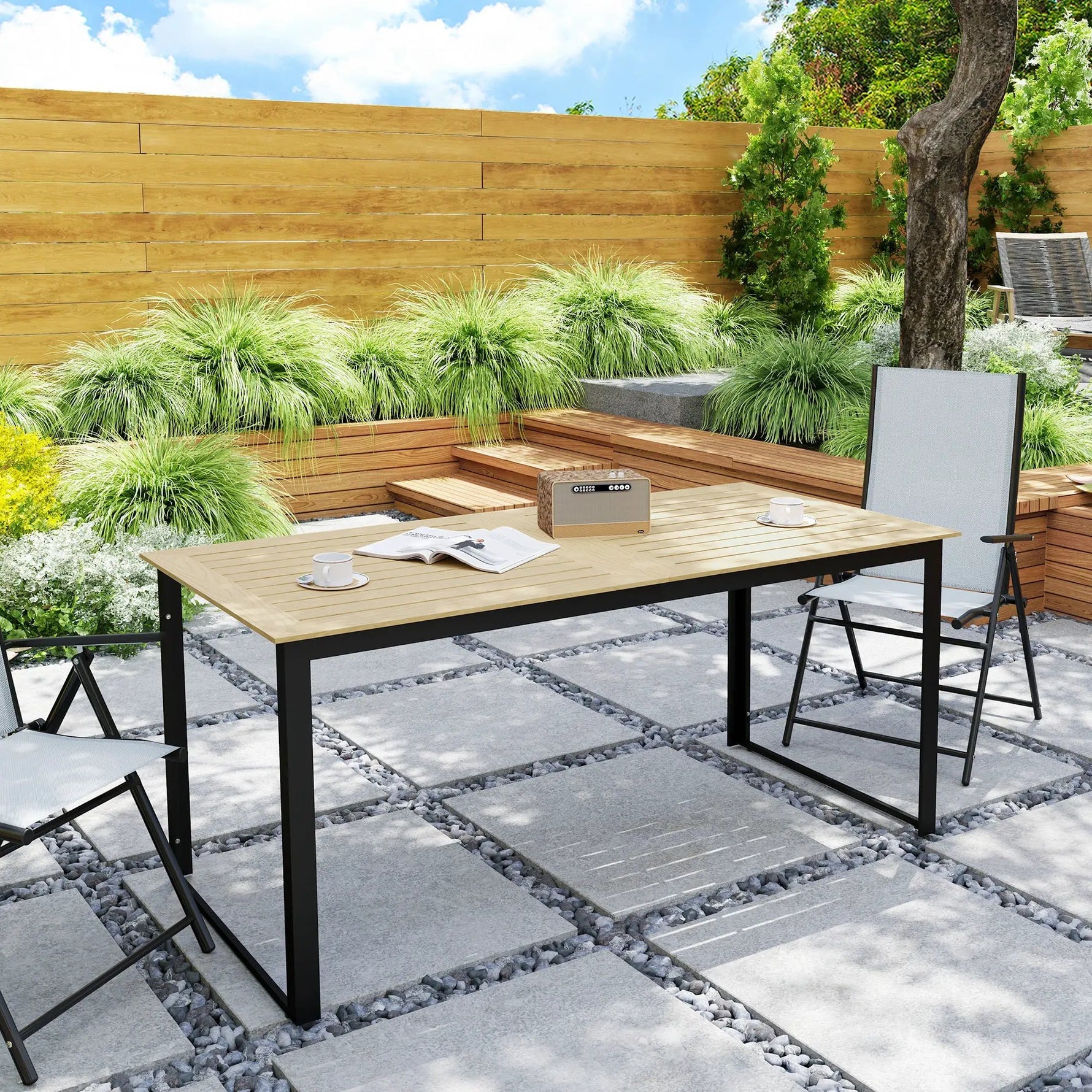 Outsunny Outsunny Garden Dining Table for 6 People with Slatted Table Top Metal Frame - Garden Table