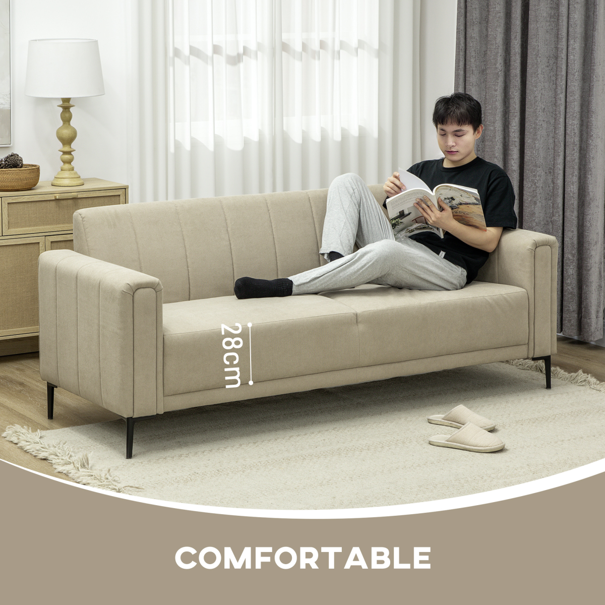 HOMCOM Three Seater Sofa Full Size Channel Tufted For Home with a man reading on beige linen-look upholstery.