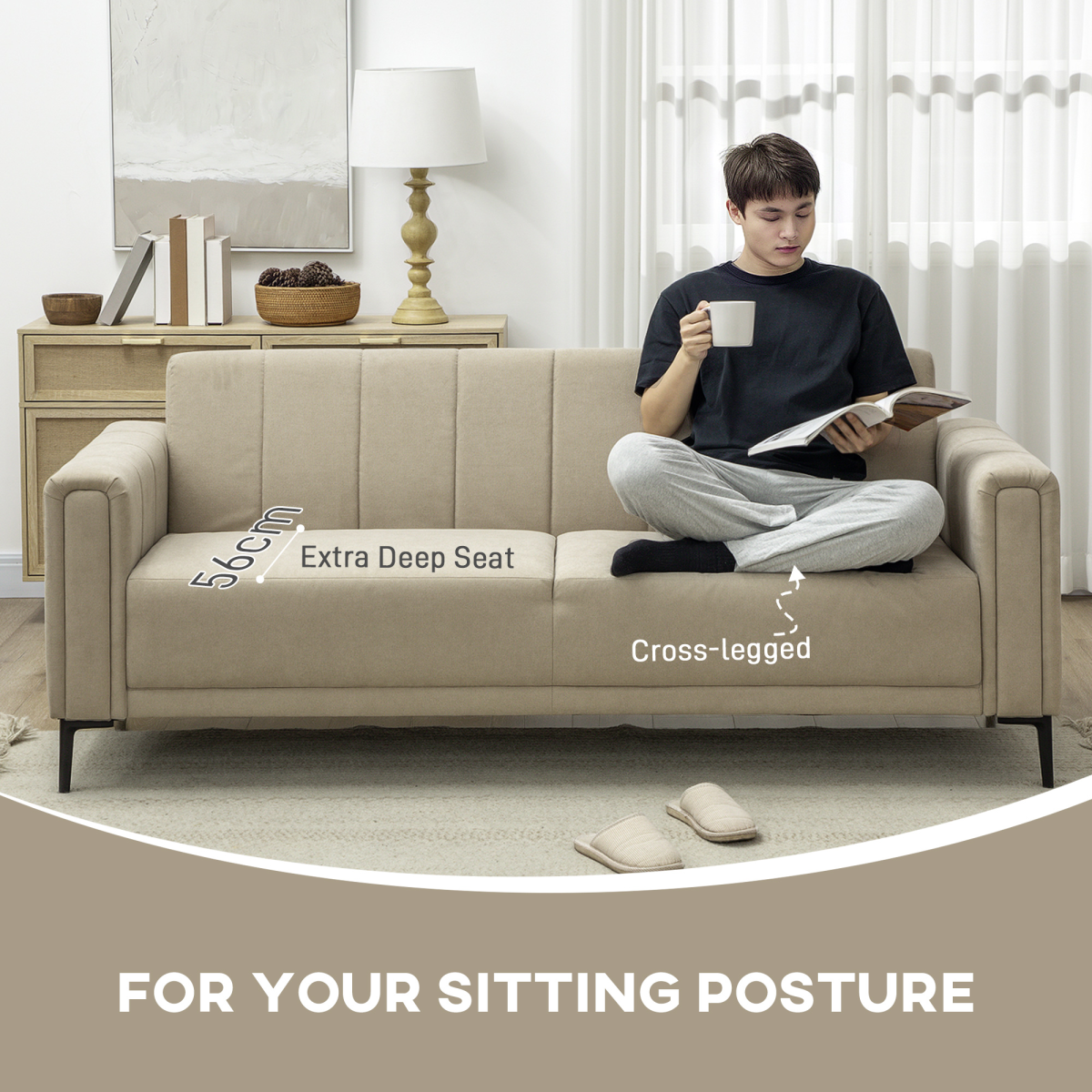 HOMCOM Three Seater Sofa Full Size Channel Tufted For Home in beige, cross-legged man reading, extra-deep seat.
