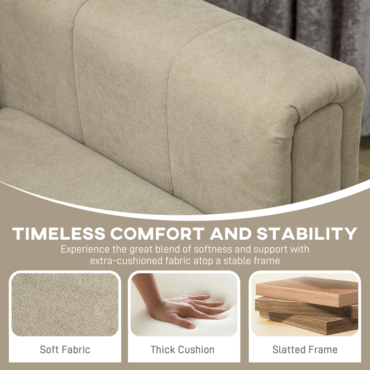 HOMCOM Three Seater Sofa Full Size Channel Tufted For Home — close-up of beige linen-look upholstery and armrest.