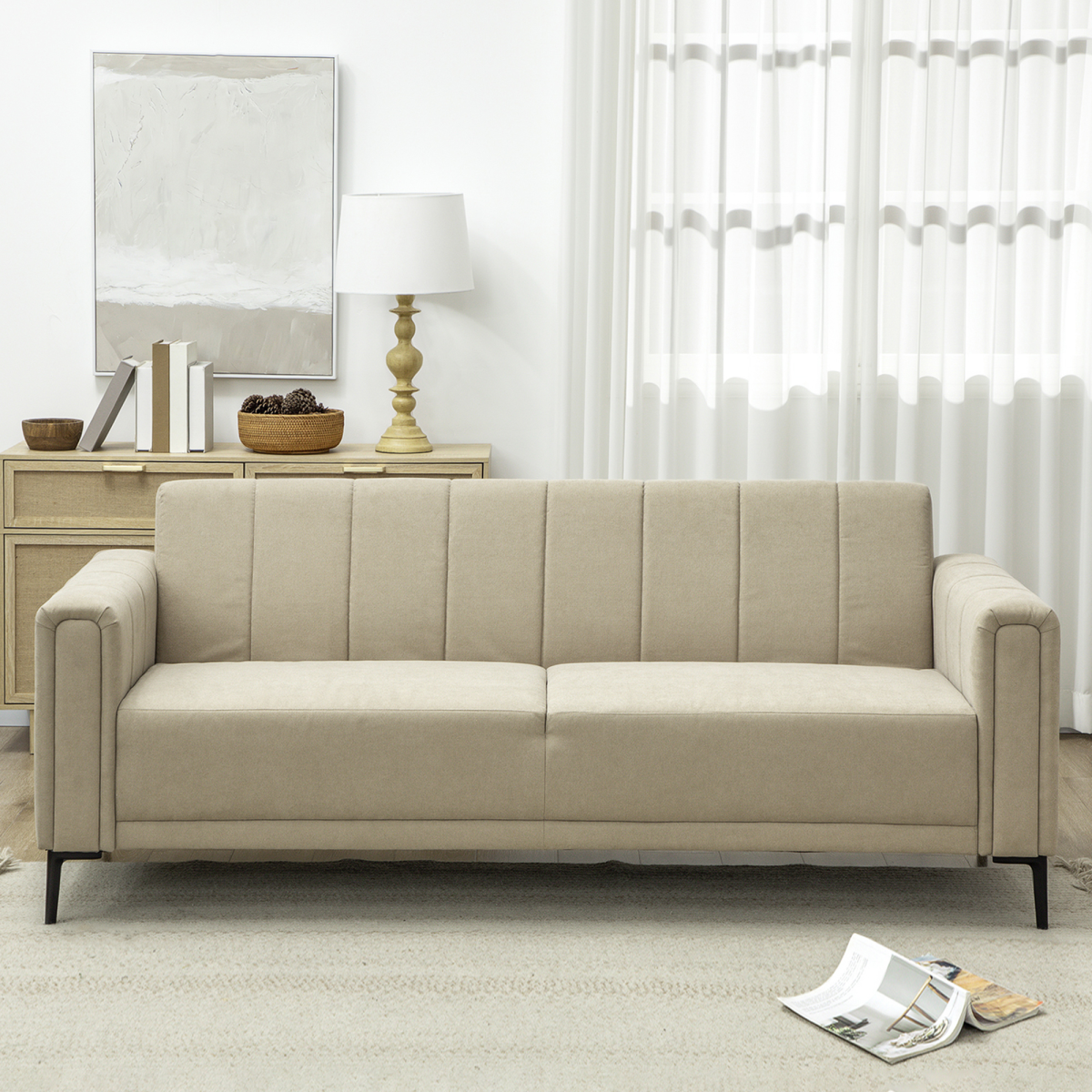 HOMCOM Three Seater Sofa Full Size Channel Tufted For Home in beige linen-look upholstery, modern living room setup