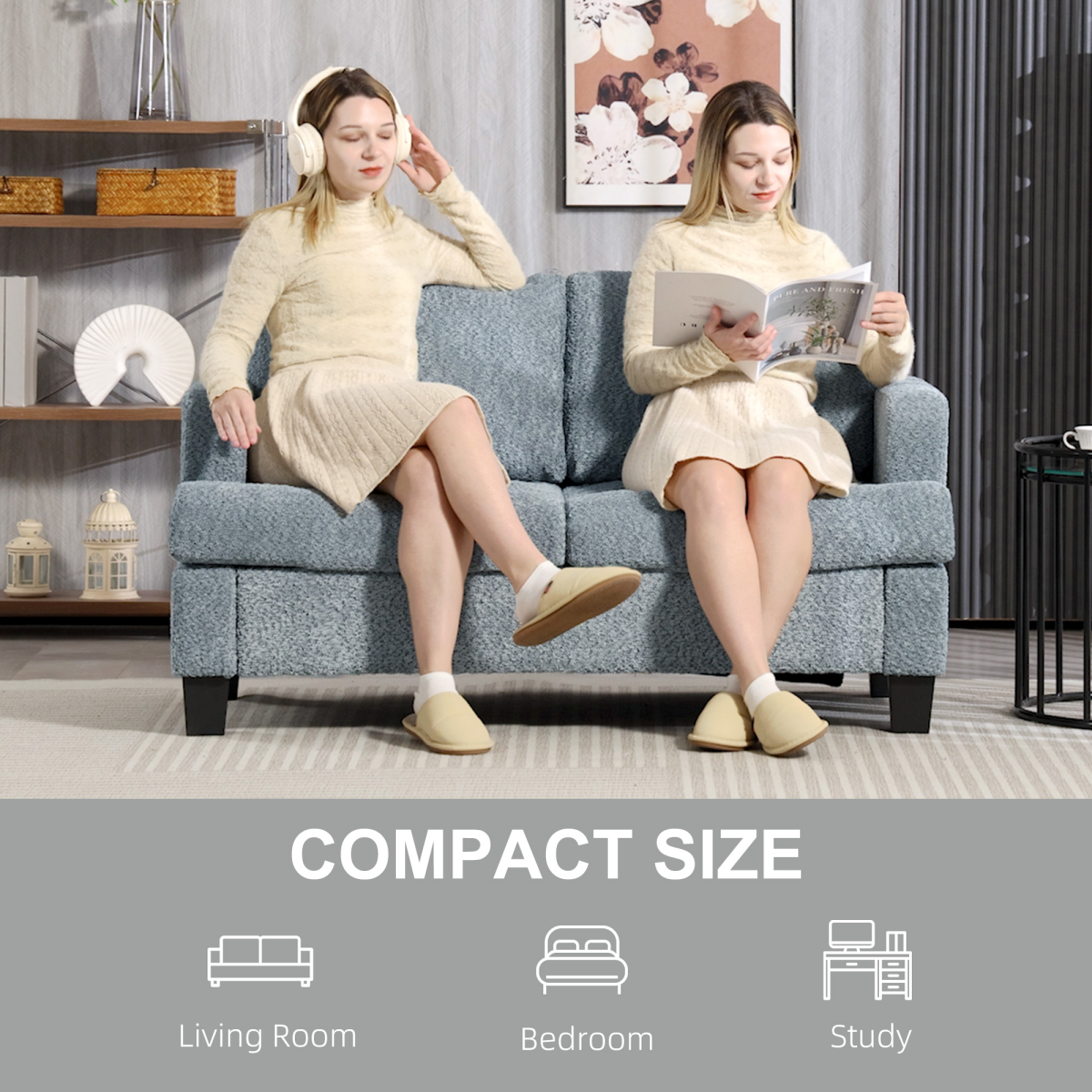 Homcom Chenille Loveseat 138 cm S Springs For Small Rooms: two women sit on a blue chenille sofa in a cozy living room.