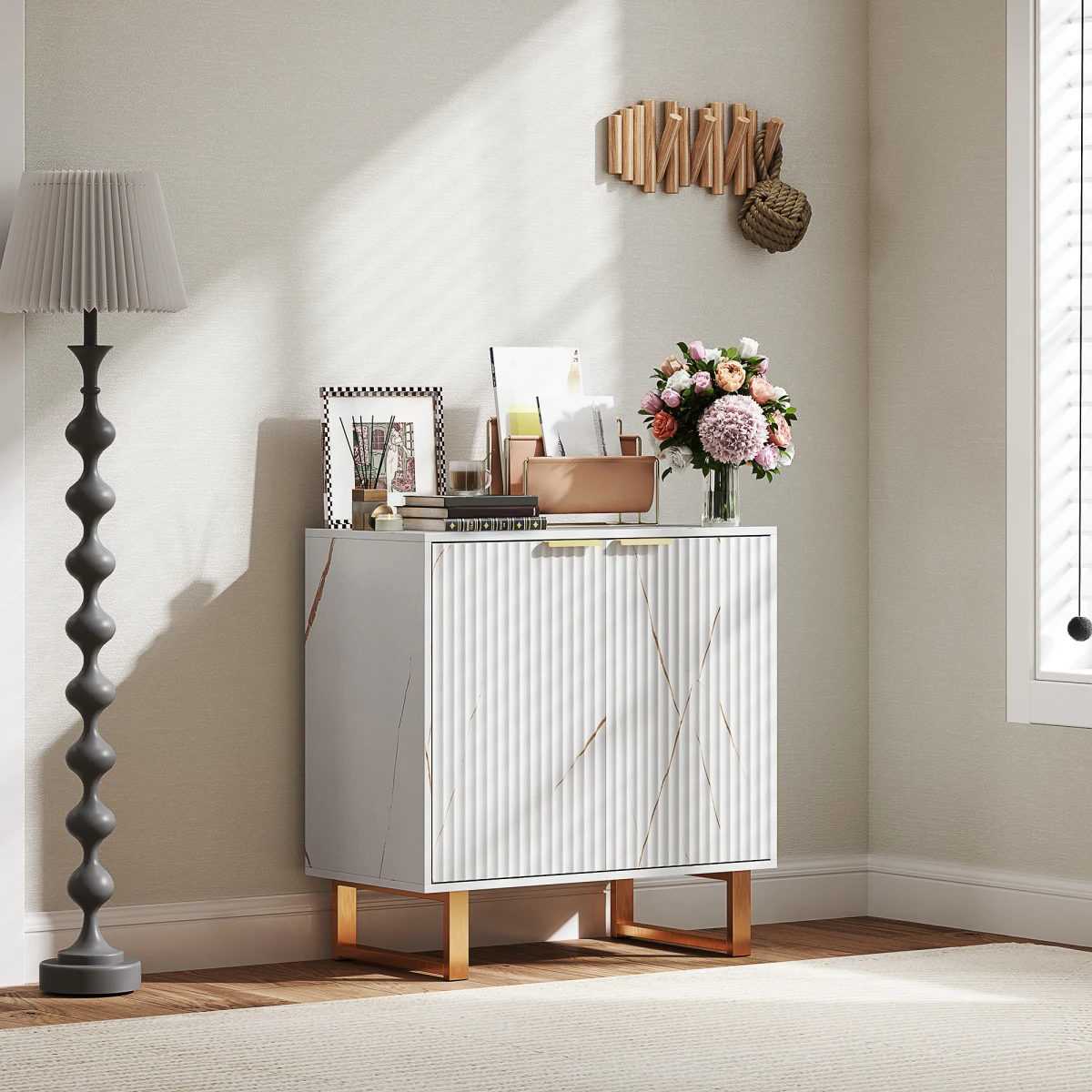 HOMCOM HOMCOM Compact Storage Cabinet With Gold Accents And Ridged Doors For Living Room - Office Storage
